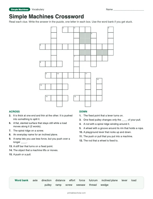 Simple Machines Crossword: printable vocabulary crossword with answer key