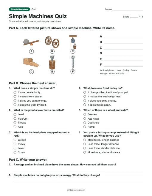 Simple Machines Quiz: printable quiz with answer key
