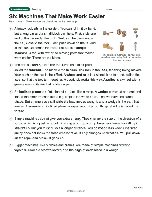Six Machines That Make Work Easier: free printable reading passage with answer key