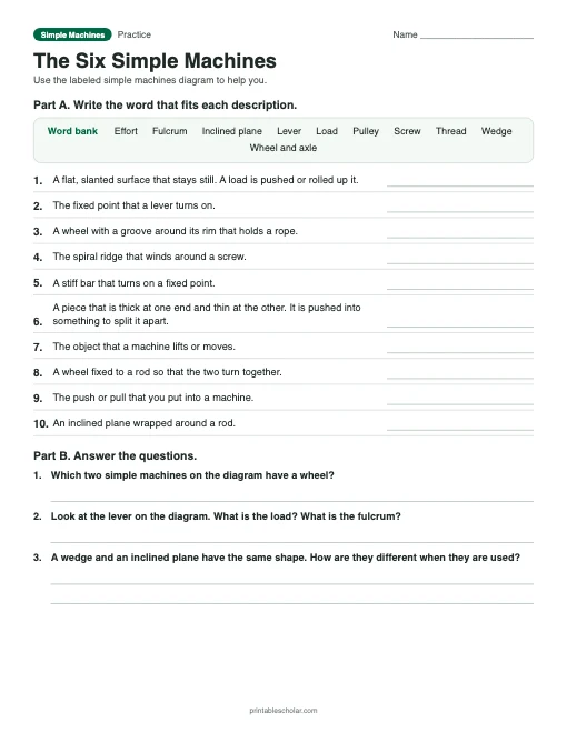 The Six Simple Machines: printable worksheet with answer key