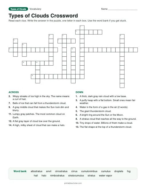 Types of Clouds Crossword: printable vocabulary crossword with answer key