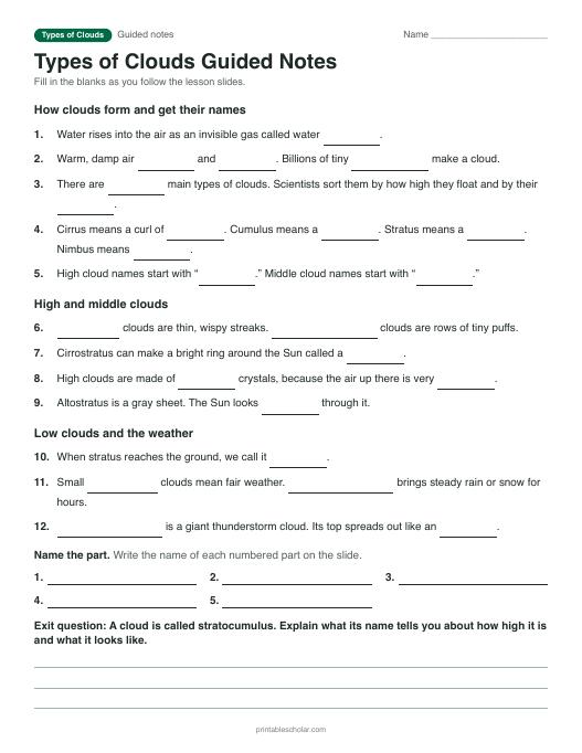 Types of Clouds guided notes: printable with answer key