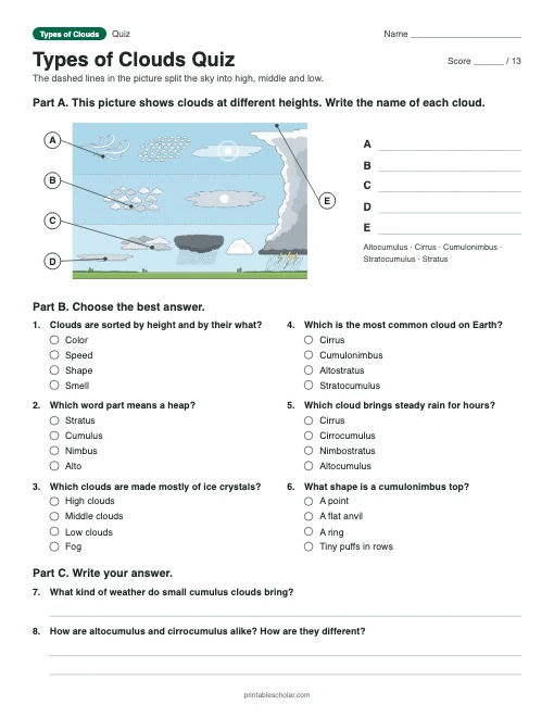 Types of Clouds Quiz: printable quiz with answer key