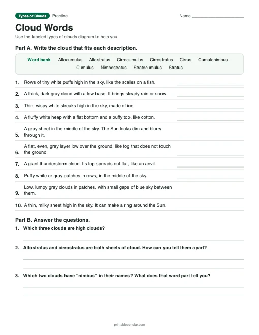 Cloud Words: printable worksheet with answer key
