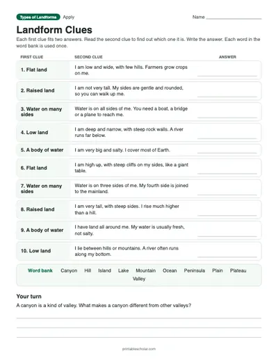Landform Clues: printable clue table with answer key