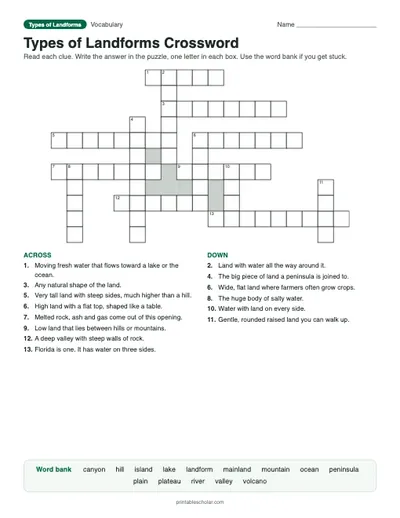 Types of Landforms Crossword: printable vocabulary crossword with answer key