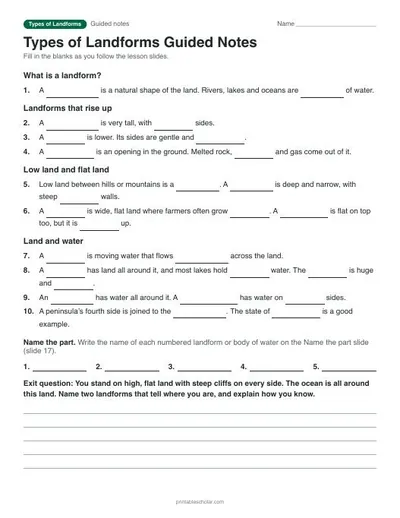 Types of Landforms guided notes: printable with answer key