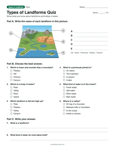 Types of Landforms Quiz: printable quiz with answer key