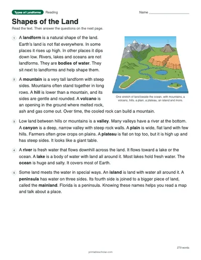 Shapes of the Land: printable reading passage with answer key