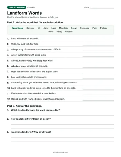Landform Words: printable worksheet with answer key