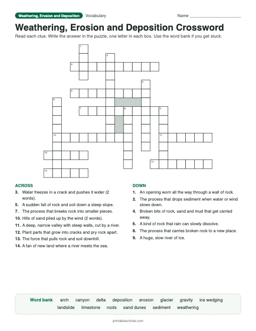 Weathering, Erosion and Deposition Crossword: printable vocabulary crossword with answer key