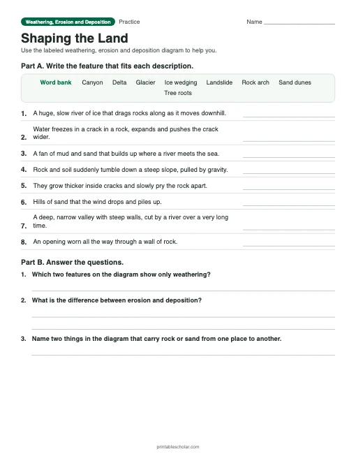Shaping the Land: printable worksheet with answer key