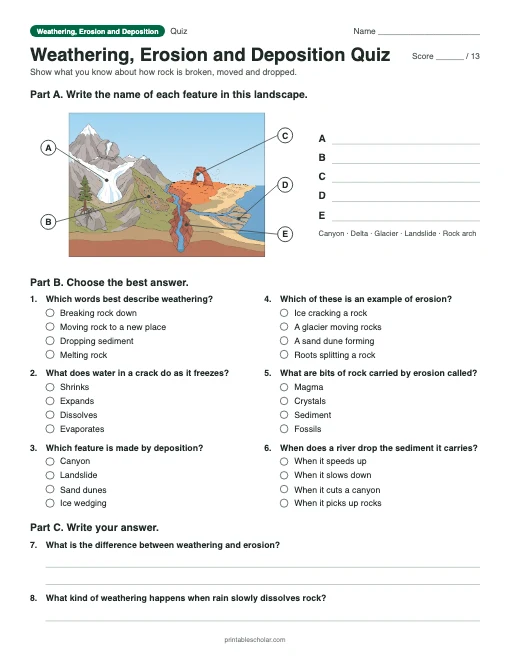 Weathering, Erosion and Deposition Quiz: printable quiz with answer key