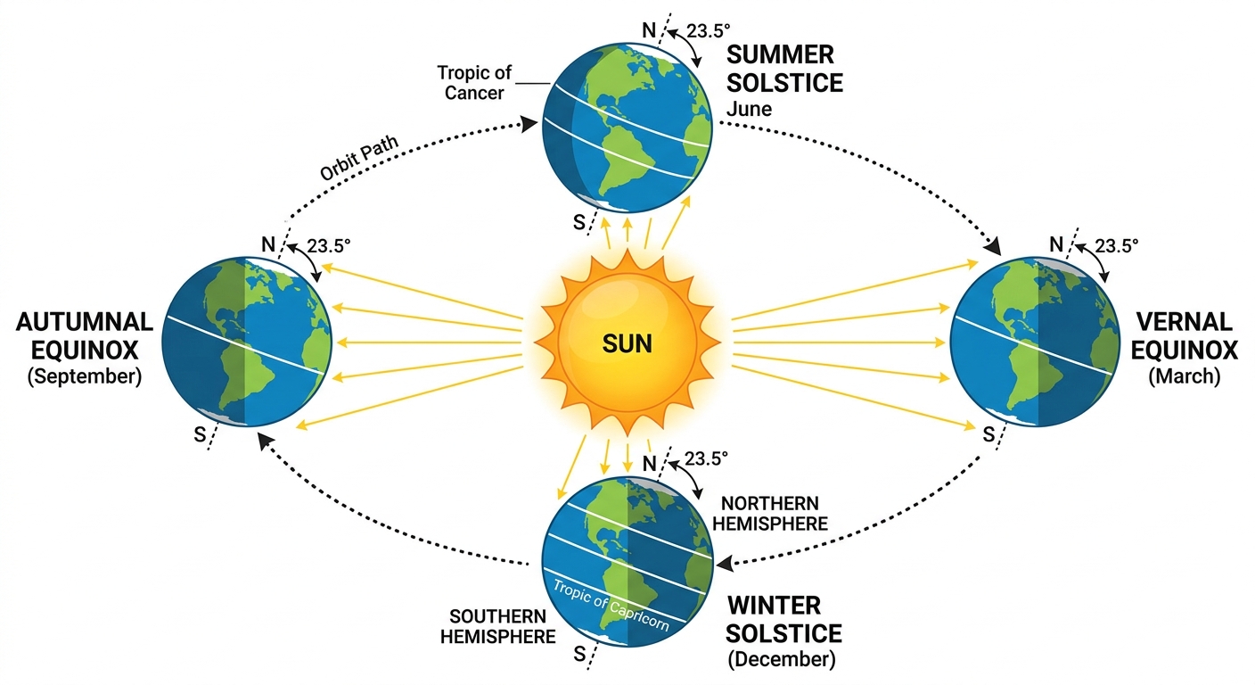 Labeled seasons diagram showing Earth at four orbital positions around the Sun — summer solstice, autumnal equinox, winter solstice, and vernal equinox — with 23.5 degree axial tilt