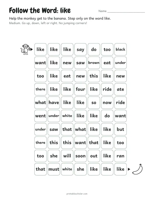 Follow the Word: like printable worksheet