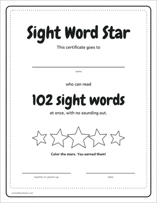Certificate page from the sight word pack