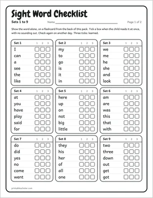 Checklist page from the sight word pack