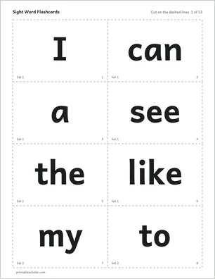 Flashcards page from the sight word pack