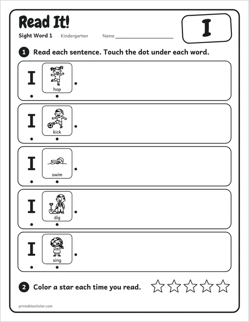 Kindergarten sight word worksheets set 1: the reading page for the word I