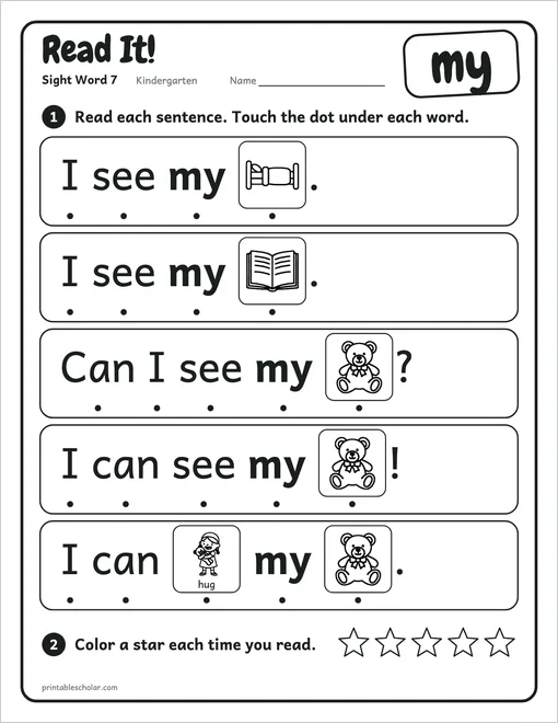 Kindergarten sight word worksheets set 2: the reading page for the word my