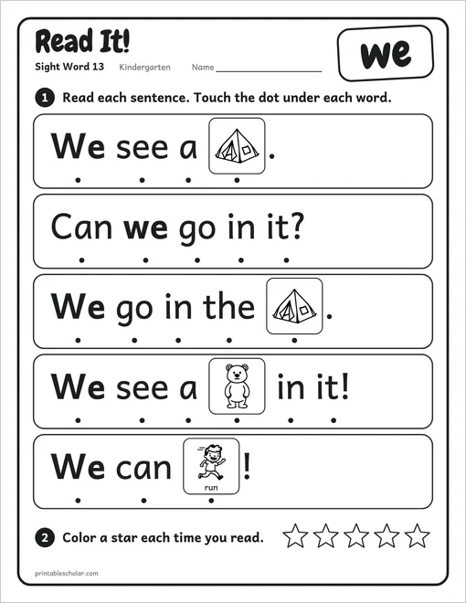 Kindergarten sight word worksheets set 3: the reading page for the word we