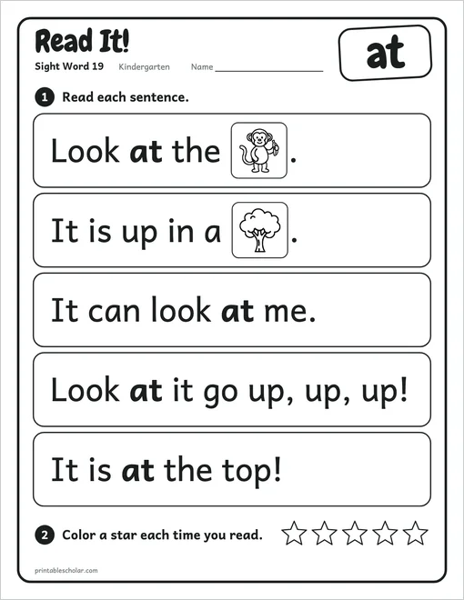 Kindergarten sight word worksheets set 4: the reading page for the word at