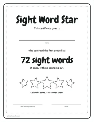 Certificate page from the first grade sight word pack