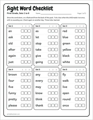 Checklist page from the first grade sight word pack