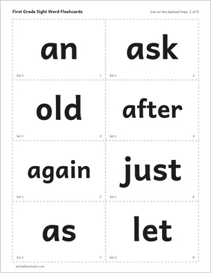 Flashcards page from the first grade sight word pack