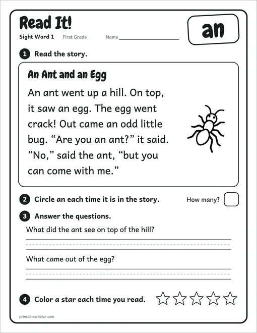 First Grade sight word worksheets set 1: the reading page for the word an