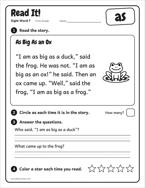 First Grade sight word worksheets set 2: the reading page for the word as