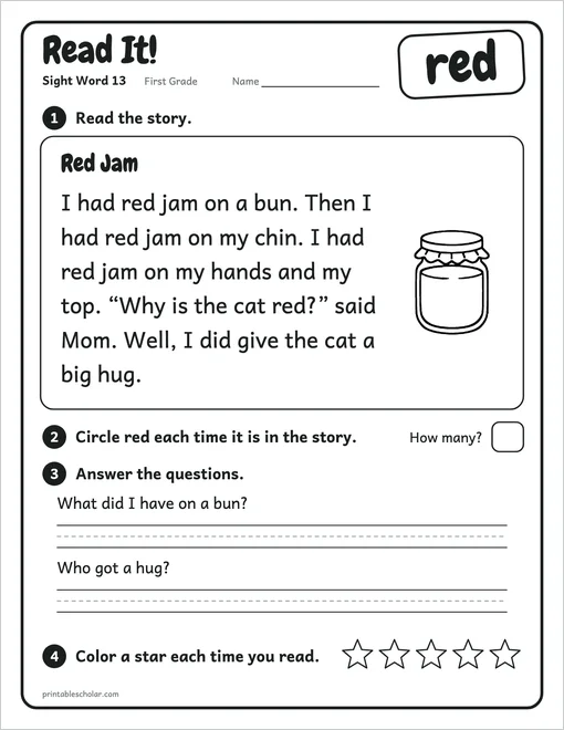 First Grade sight word worksheets set 3: the reading page for the word red