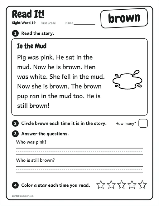 First Grade sight word worksheets set 4: the reading page for the word brown