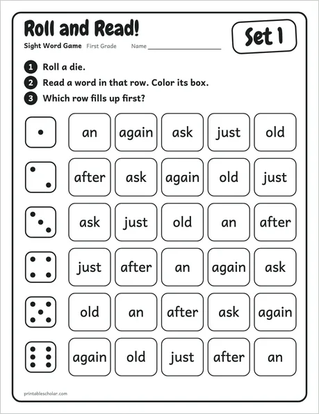 Roll and Read: a first grade sight word worksheet