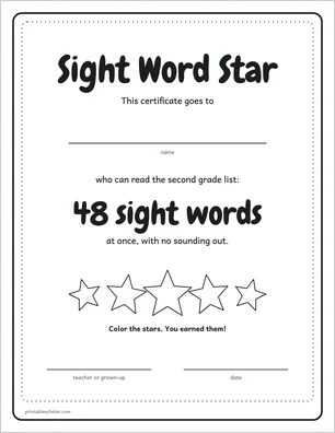 Certificate page from the second grade sight word pack