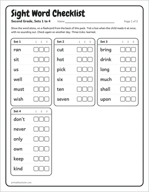 Checklist page from the second grade sight word pack