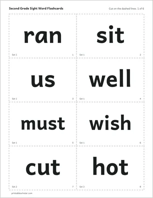 Flashcards page from the second grade sight word pack