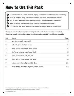 How to use page from the second grade sight word pack