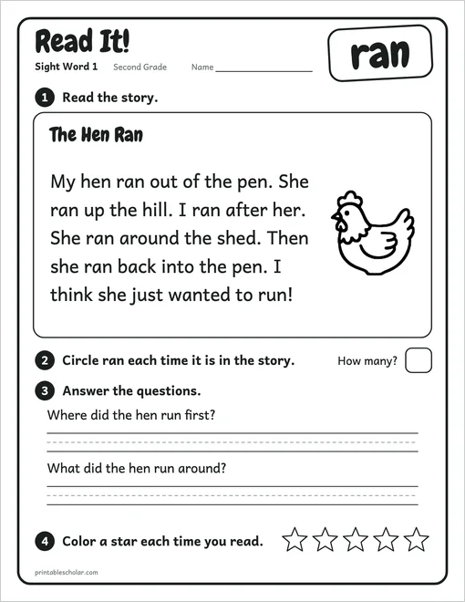 Second Grade sight word worksheets set 1: the reading page for the word ran