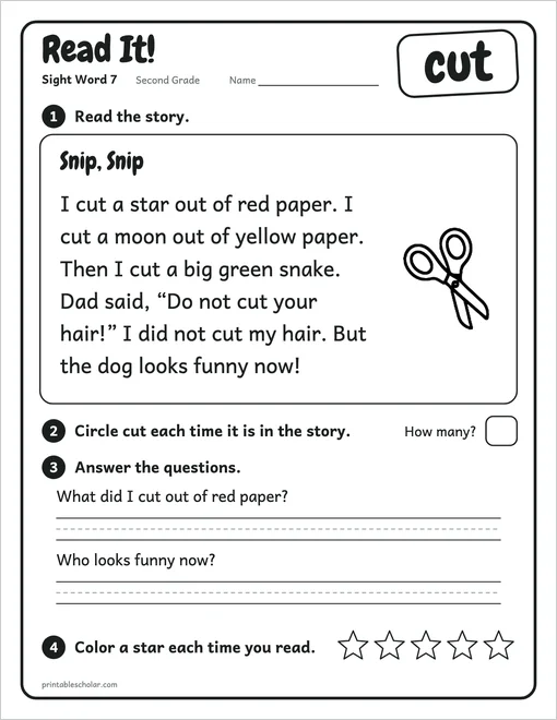 Second Grade sight word worksheets set 2: the reading page for the word cut