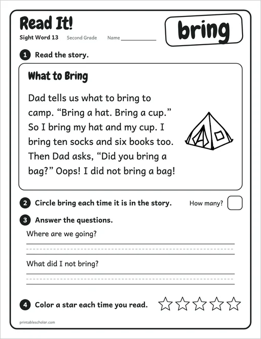 Second Grade sight word worksheets set 3: the reading page for the word bring