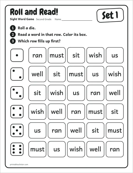 Roll and Read: a second grade sight word worksheet