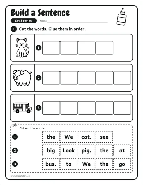 Build a Sentence: a review sheet from the kindergarten sight word pack