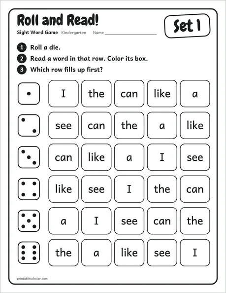 Roll and Read: a kindergarten sight word worksheet