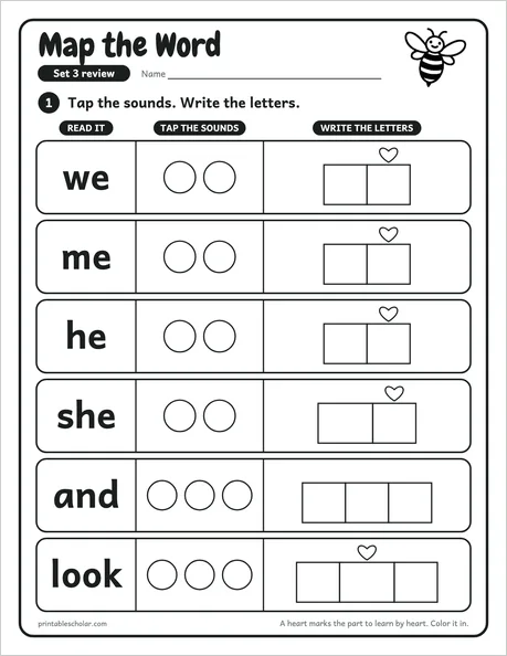 Map the Word: a review sheet from the kindergarten sight word pack