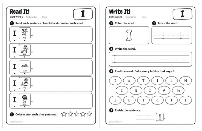 Sight word worksheets set 1: reading page and practice page for the word I