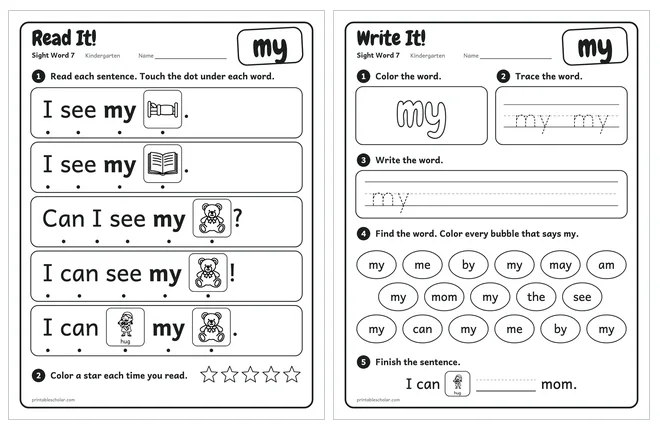 Sight word worksheets set 2: reading page and practice page for the word my