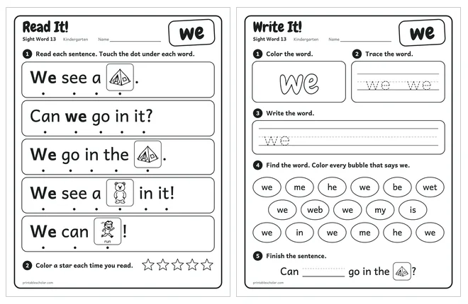 Sight word worksheets set 3: reading page and practice page for the word we
