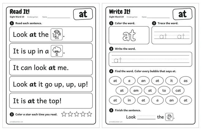 Sight word worksheets set 4: reading page and practice page for the word at