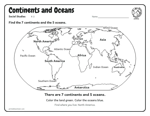Continents and Oceans worksheet preview